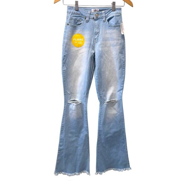 YMI High Rise Flare Leg Jeans Light Wash Distressed Raw Hem Size 3 Boho NWT - Picture 1 of 6
